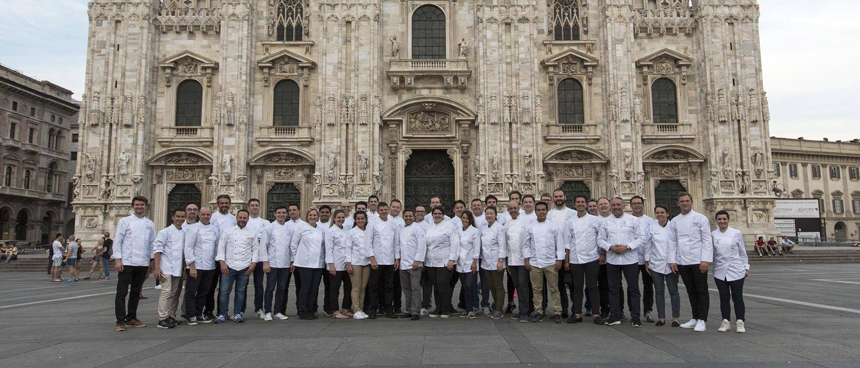 Chefs at the pastry seminar in Milan in front of the Duomo