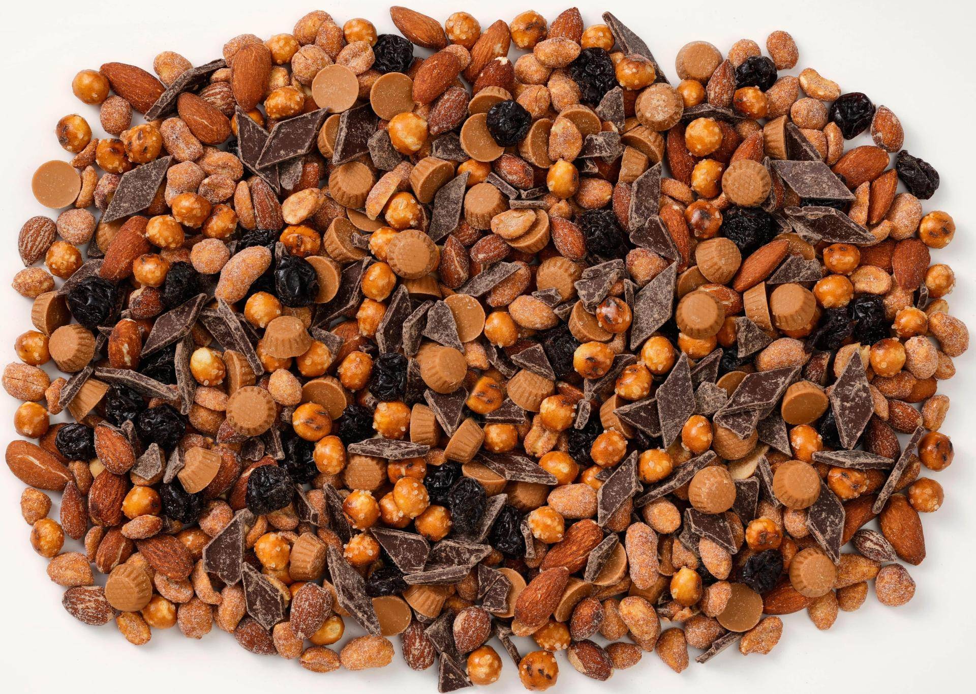 Peanut butter trail mix with nuts, chocolate, and mini peanut butter cups