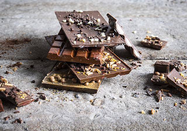 Chocolate tablets with various chocolate sprinkles and inclusions