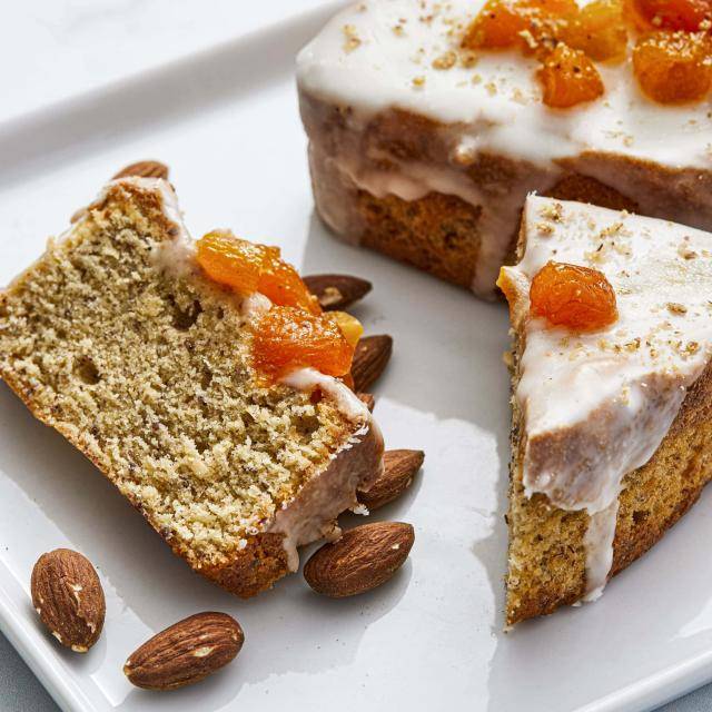 apricot gateau nantais sliced on white plate