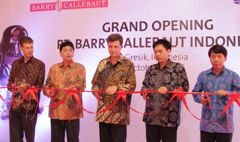 Cutting the ribbon at opening ceremony of new chocolate factory in Indonesia