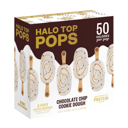 A white and brown box of chocolate chip cookie dough halo top pops