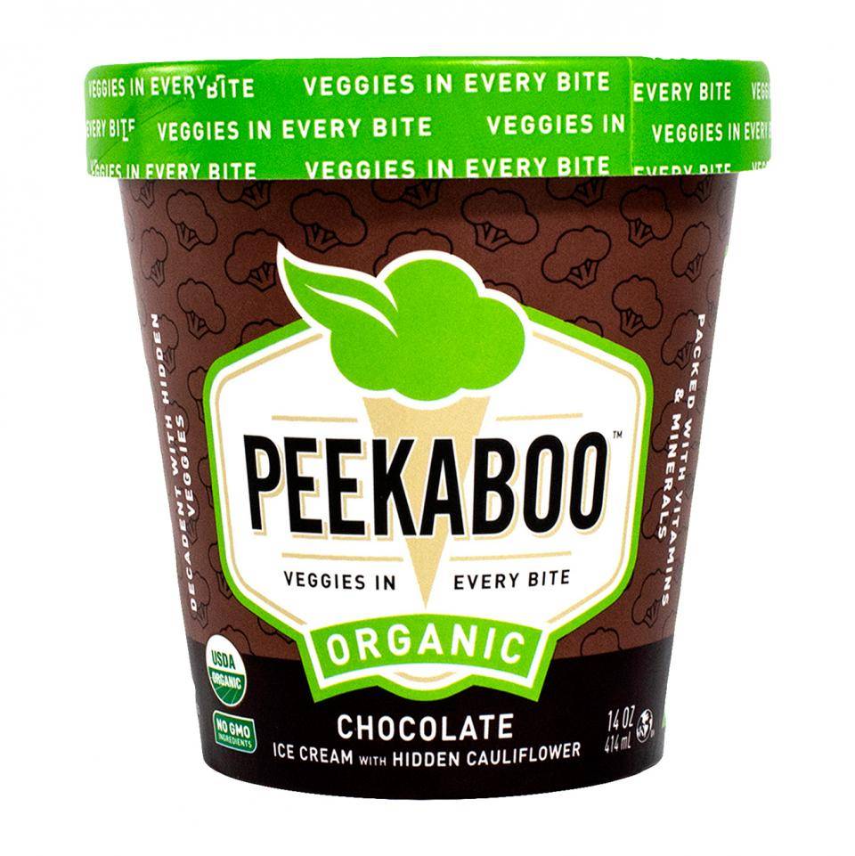A brown ice cream pint carton of chocolate ice cream, with a green lid, that says Peekaboo: Organic