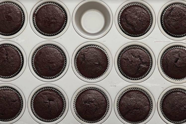 chocolate cupcakes, in pan, without frosting